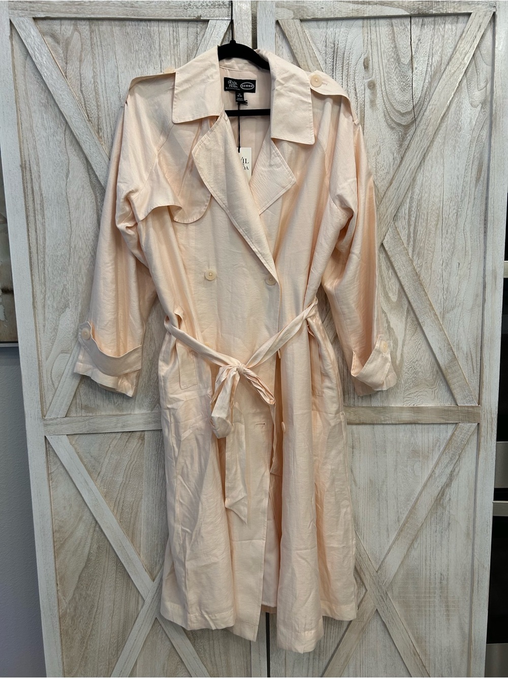 Scoop Double-Breasted Cream Trench Coat with Tie Waist